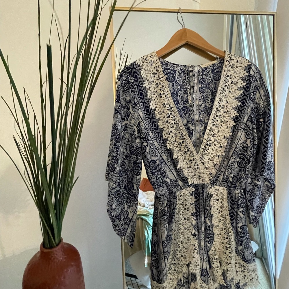 blue & white boho style romper.